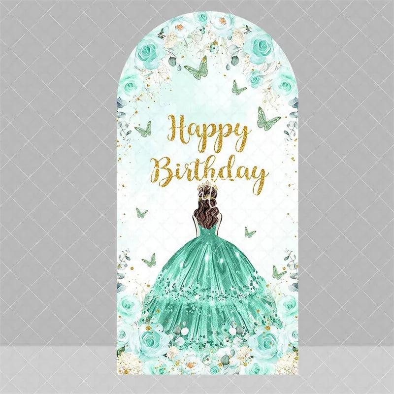 Aperturee - Aperturee Blue Floral Princess Happy Birthday Arch Backdrop Butterfly Girl Party Decoration Banner for Sweet 16 Celebration