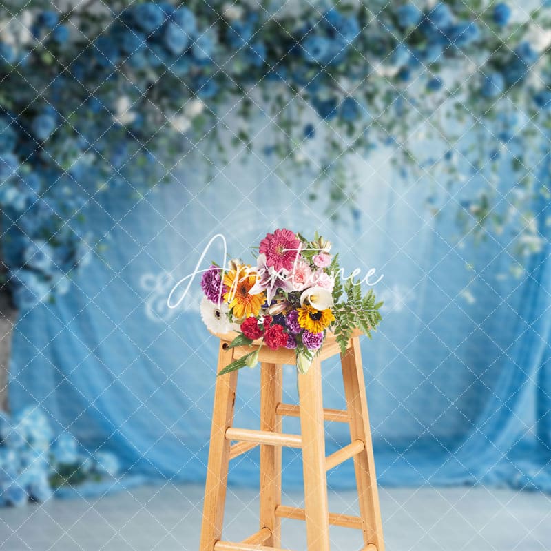 Aperturee - Aperturee Blue Floral Wedding Curtain Spring Studio Backdrop