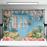 Aperturee - Aperturee Blue Garden House Greenery Floral Spring Backdrop