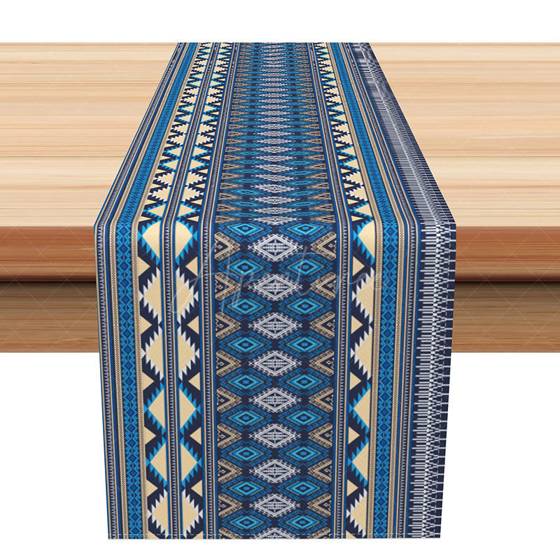 Aperturee - Aperturee Blue Geometric Tribal Table Runner for Aztec and Bohemian Inspired Kitchen and Dining Room Decor