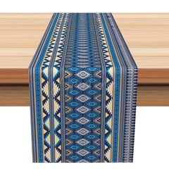 Aperturee - Aperturee Blue Geometric Tribal Table Runner for Aztec and Bohemian Inspired Kitchen and Dining Room Decor