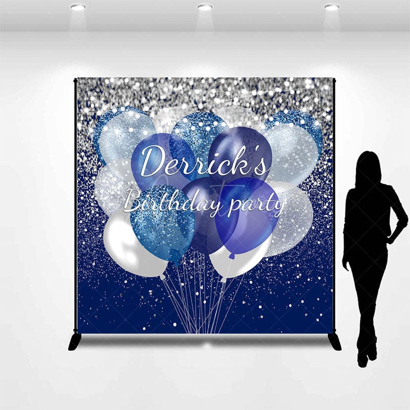 Aperturee - Aperturee Blue Glitter Balloons Custom Name Birthday Backdrop