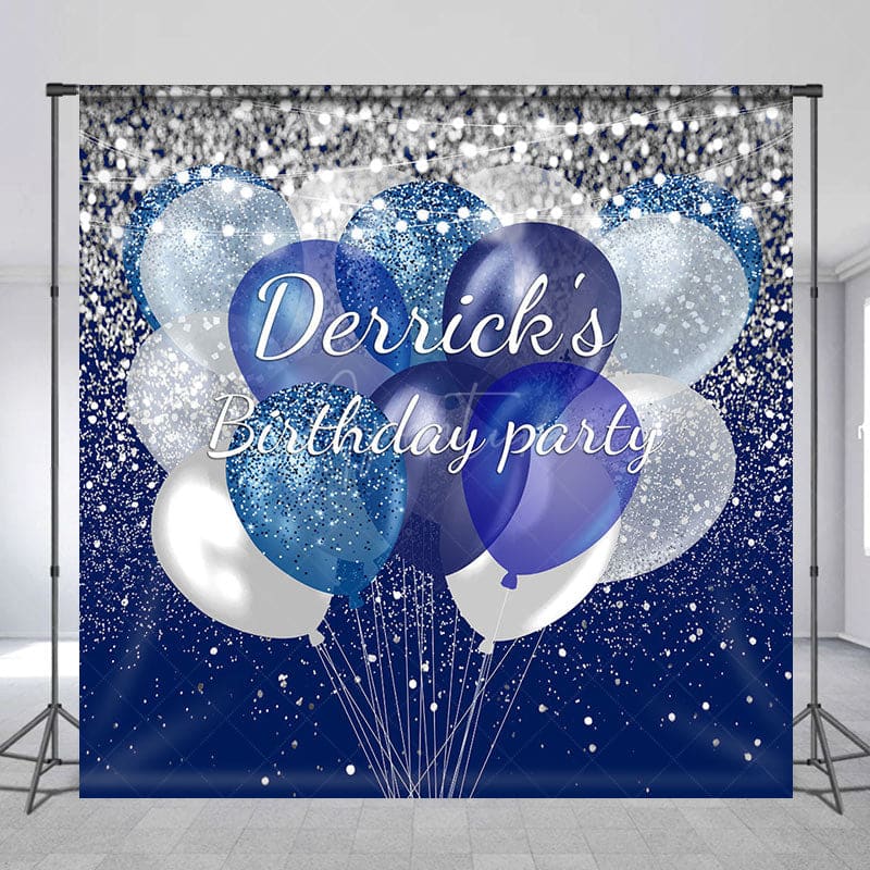 Aperturee - Aperturee Blue Glitter Balloons Custom Name Birthday Backdrop