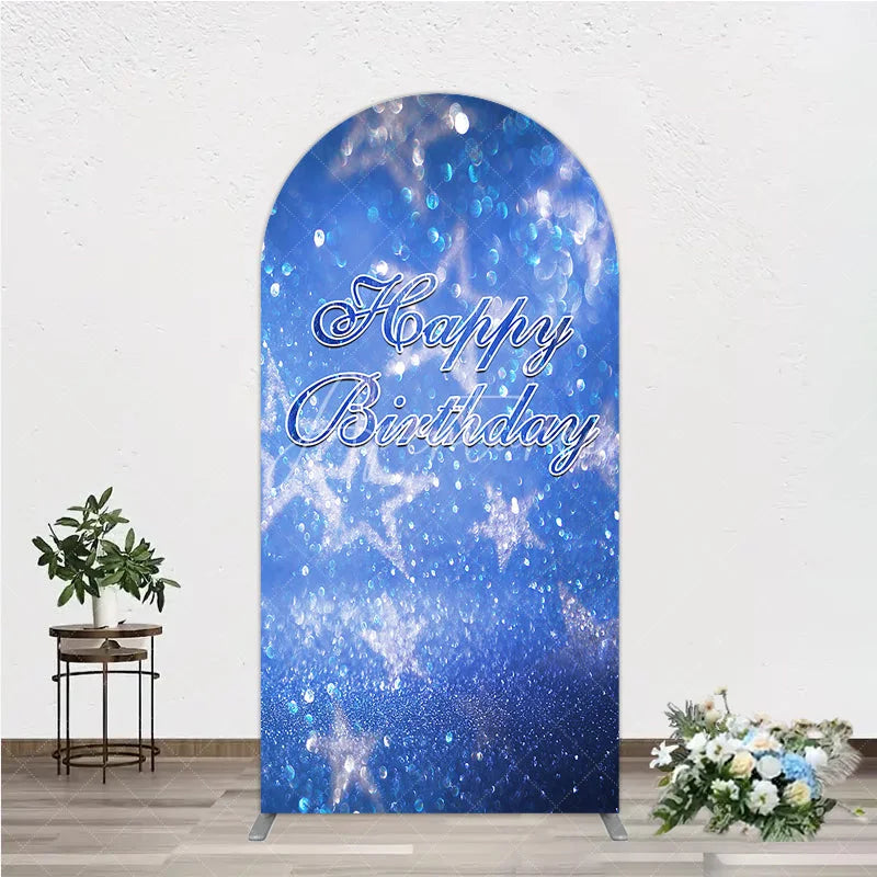 Aperturee - Aperturee Blue Glitter Bokeh Stars Happy Birthday Round Top Arch Backdrop Festive Party Decoration