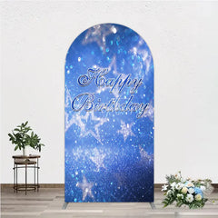 Aperturee - Aperturee Blue Glitter Bokeh Stars Happy Birthday Round Top Arch Backdrop Festive Party Decoration