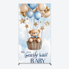 Aperturee - Aperturee Blue Gold Balloons and Stars Teddy Bear Hot Air Balloon Rectangle Arch Backdrop We Can Bearly Wait Baby Shower Decor