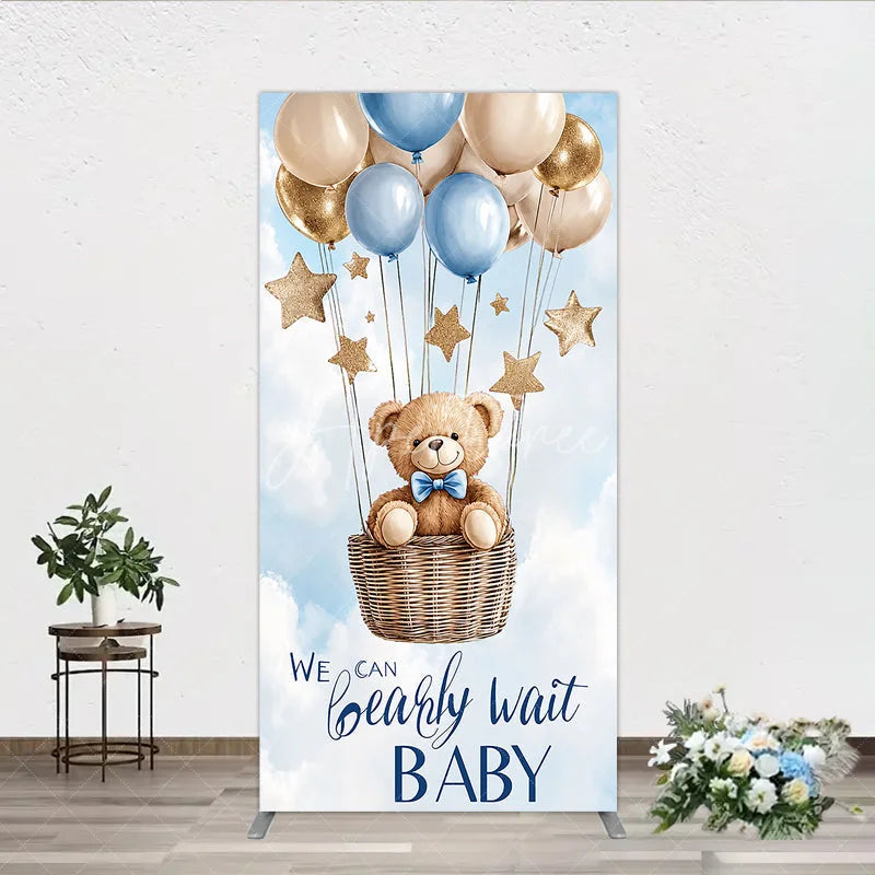 Aperturee - Aperturee Blue Gold Balloons and Stars Teddy Bear Hot Air Balloon Rectangle Arch Backdrop We Can Bearly Wait Baby Shower Decor