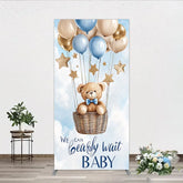 Aperturee - Aperturee Blue Gold Balloons and Stars Teddy Bear Hot Air Balloon Rectangle Arch Backdrop We Can Bearly Wait Baby Shower Decor