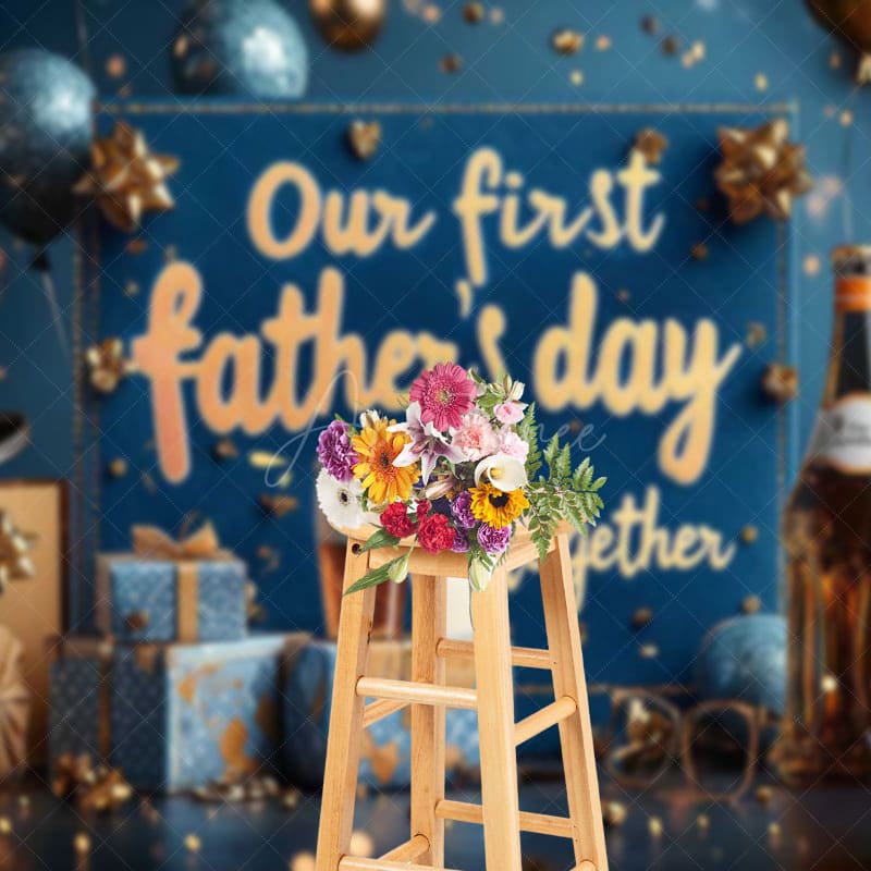 Aperturee - Aperturee Blue Gold Balloons Box Happy 1st Fathers Day Backdrop