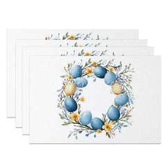 Aperturee - Aperturee Blue Gold Easter Egg Wreath Set of 4 Placemats Yellow Flower Spring Decoration Elegant Holiday Table Mat