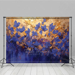 Aperturee - Aperturee Blue Gold Floral Fine Art Backdrop Oil Painting Style Flower Gold Texture Background Elegant Photography Prop