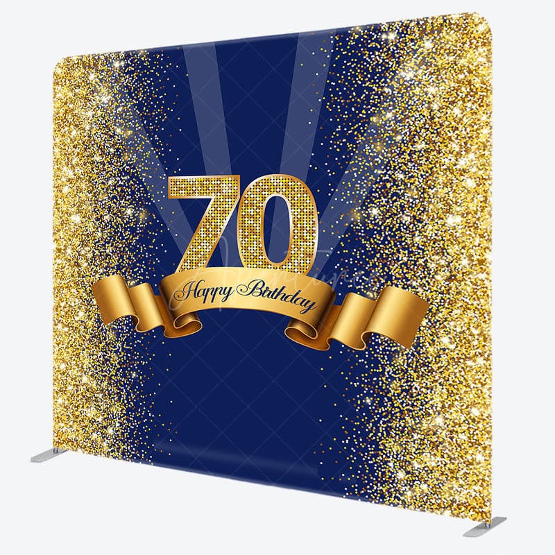 Aperturee - Aperturee Blue Gold Glitter 70th Birthday Pillow Cover Backdrop