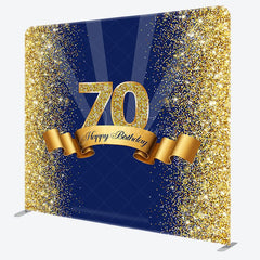 Aperturee - Aperturee Blue Gold Glitter 70th Birthday Pillow Cover Backdrop
