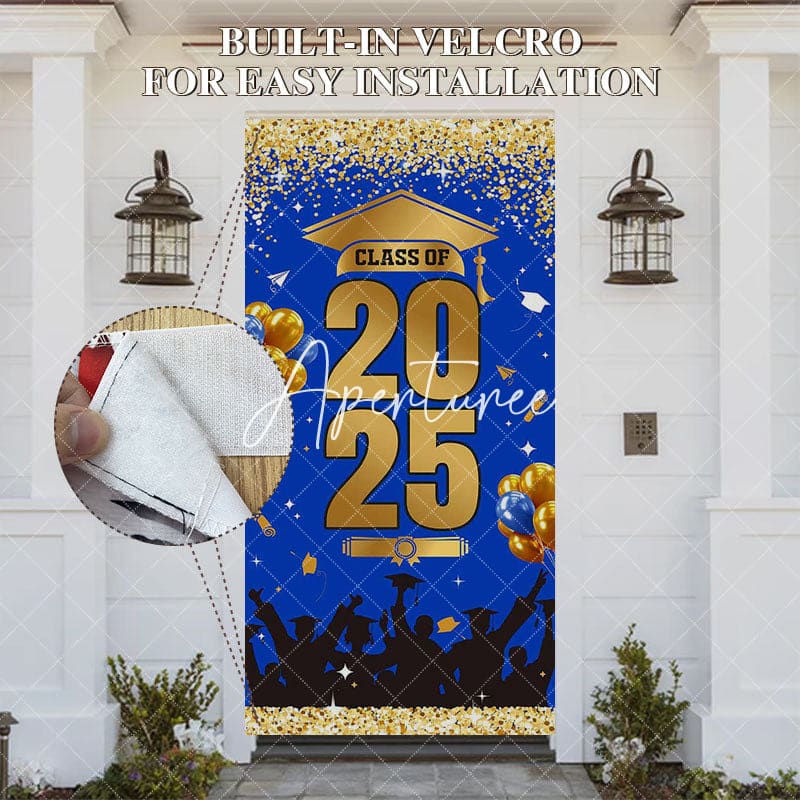 Aperturee - Aperturee Blue Gold Glitter Class of 2025 Graduation Door Cover