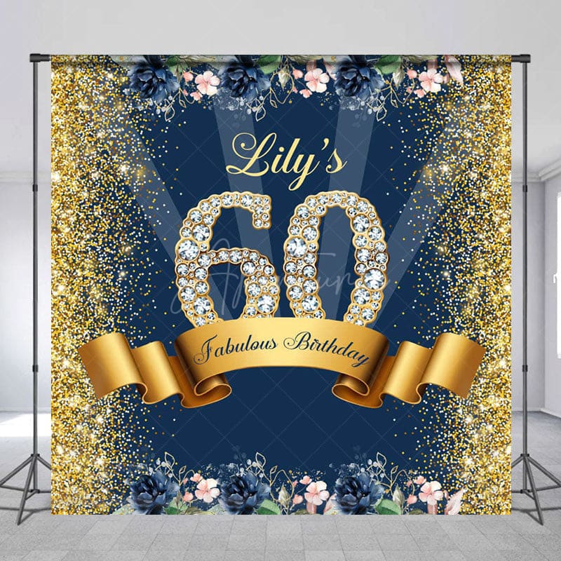 Aperturee - Aperturee Blue Gold Glitter Floral Custom 60th Birthday Backdrop