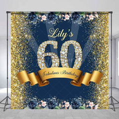Aperturee - Aperturee Blue Gold Glitter Floral Custom 60th Birthday Backdrop
