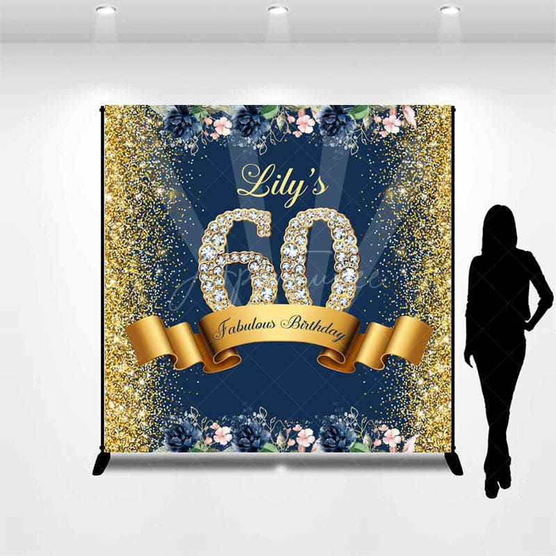 Aperturee - Aperturee Blue Gold Glitter Floral Custom 60th Birthday Backdrop