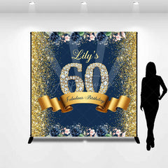 Aperturee - Aperturee Blue Gold Glitter Floral Custom 60th Birthday Backdrop