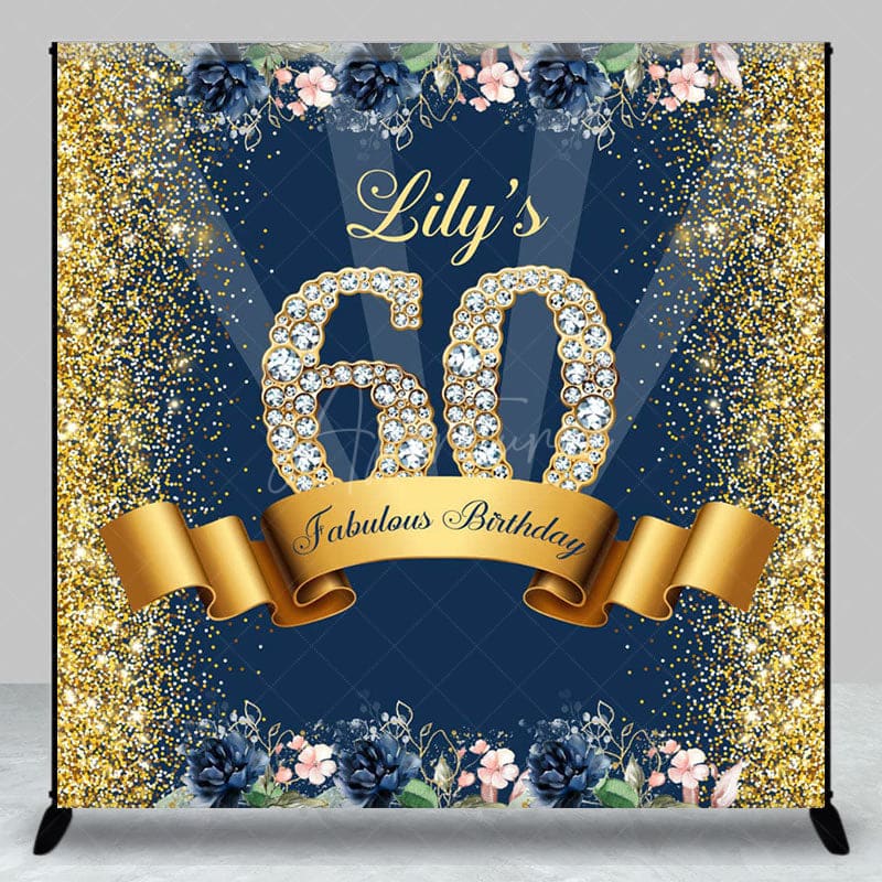 Aperturee - Aperturee Blue Gold Glitter Floral Custom 60th Birthday Backdrop