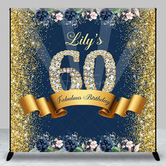 Aperturee - Aperturee Blue Gold Glitter Floral Custom 60th Birthday Backdrop