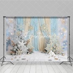 Aperturee - Aperturee Blue Gold Glitter Snowflake Winter Photography Backdrop Elegant Wonderland Holiday Celebration Party Decor