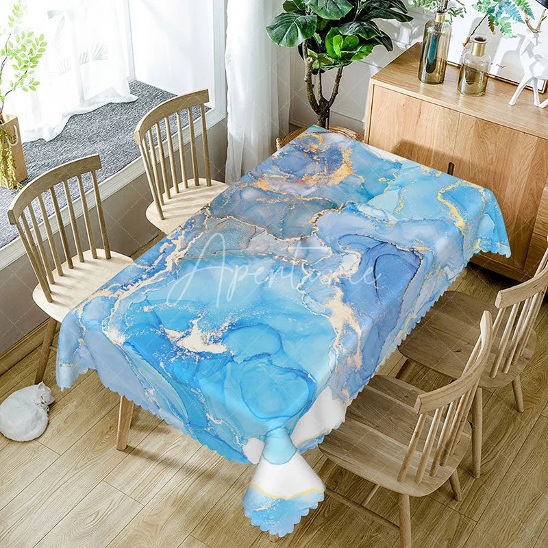 Aperturee - Aperturee Blue Gradient Marble Tablecloth Modern Abstract Stone Pattern for Elegant Kitchen and Dining Decor