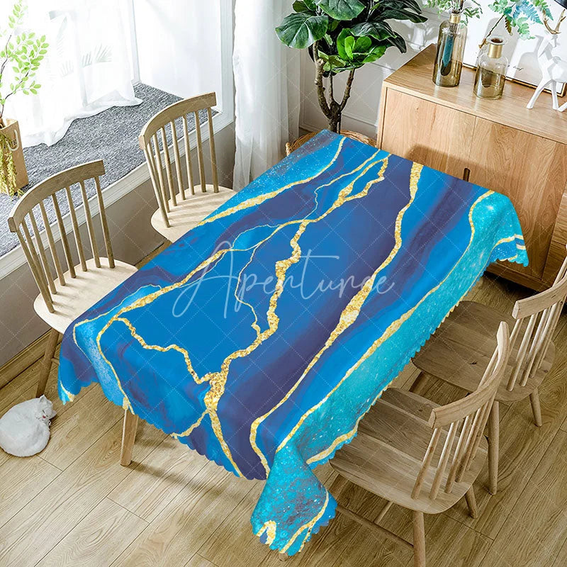 Aperturee - Aperturee Blue Gradient Marble Tablecloth with Faux Glitter for Elegant Modern and Luxury Party Decor