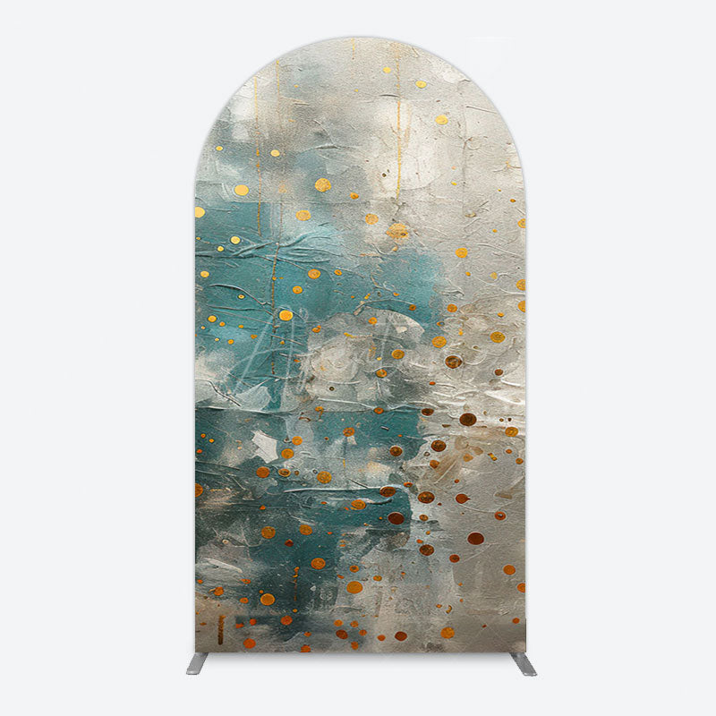 Aperturee - Aperturee Blue Gray Cement Wall Gold Dots Birthday Arch Backdrop