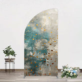 Aperturee - Aperturee Blue Gray Cement Wall Gold Dots Birthday Half Moon Arch Backdrop