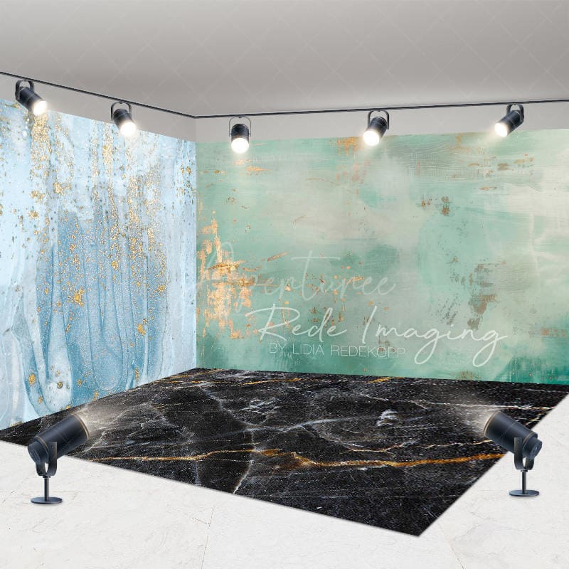 Aperturee - Aperturee Blue Green Black Gold Marbled Room Set Backdrop