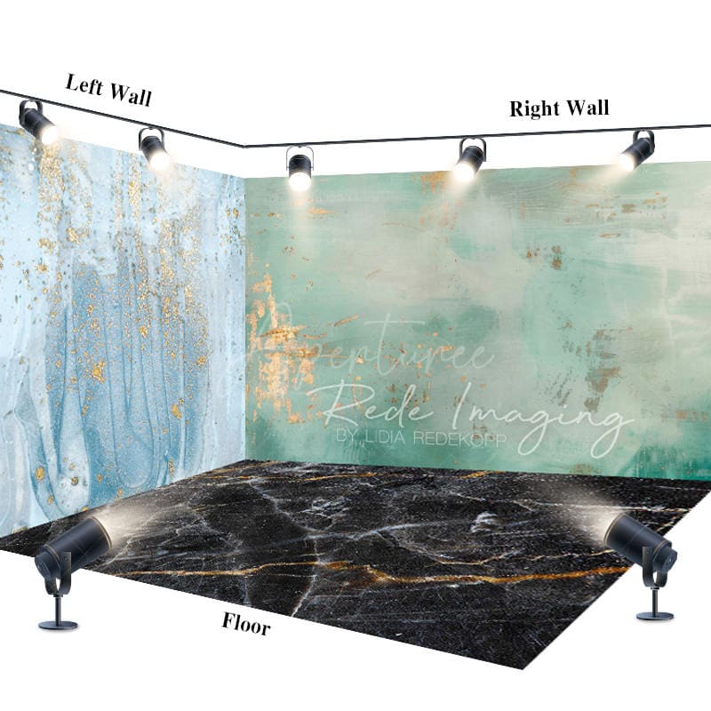 Aperturee - Aperturee Blue Green Black Gold Marbled Room Set Backdrop
