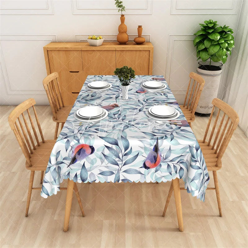 Aperturee - Aperturee Blue Green Leaves and Charming Birds Rectangle Tablecloth with Scalloped Edge Elegant Botanical Dining Room Decor