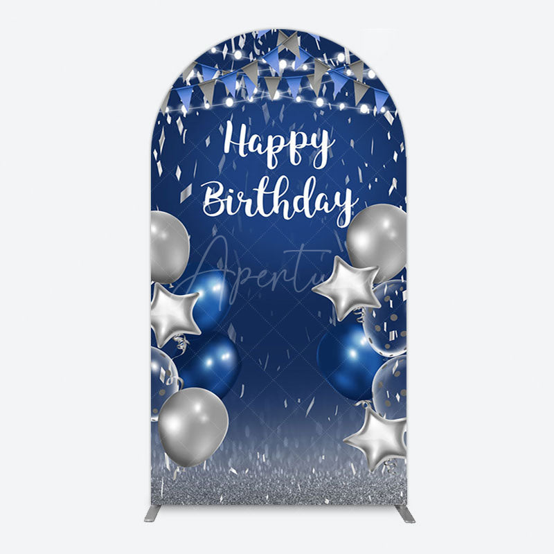 Aperturee - Aperturee Blue Grey Balloon Flags Happy Birthday Arch Backdrop