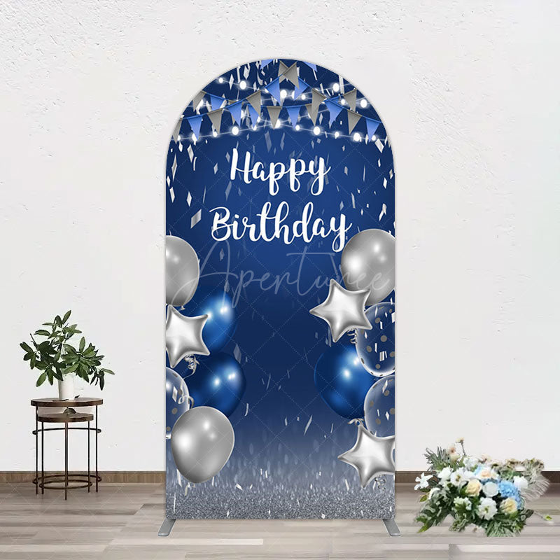 Aperturee - Aperturee Blue Grey Balloon Flags Happy Birthday Arch Backdrop