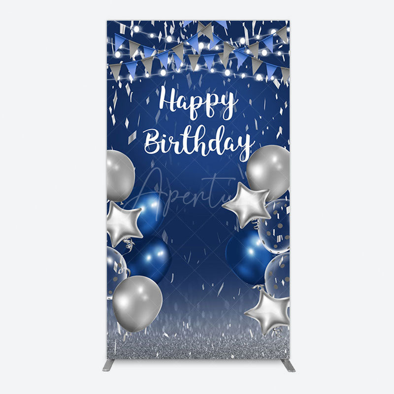 Aperturee - Aperturee Blue Grey Balloon Flags Happy Birthday Rectangle Backdrop