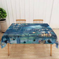 Aperturee - Aperturee Blue Halloween Rectangle Tablecloth with Jack O’ Lantern Faces for Unique and Spooky Kids Party Decor