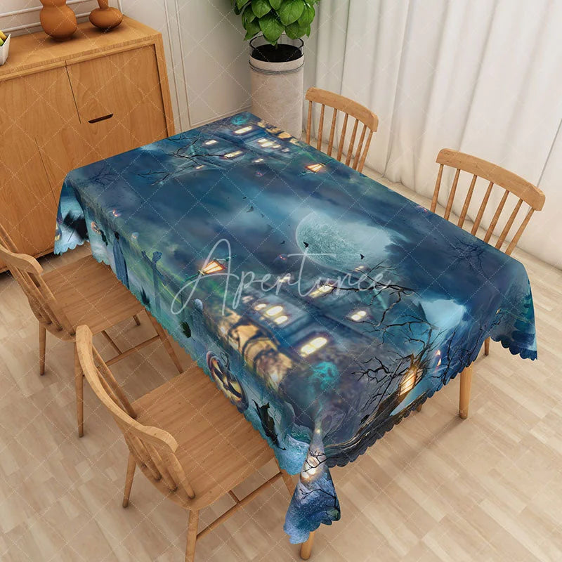 Aperturee - Aperturee Blue Halloween Rectangle Tablecloth with Jack O’ Lantern Faces for Unique and Spooky Kids Party Decor