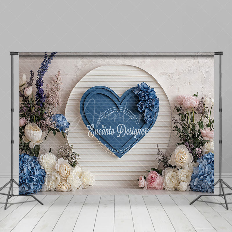 Aperturee - Aperturee Blue Heart on Shiplap Wall Photography Backdrop Floral Decor for Wedding Valentine’s Day Photo Background