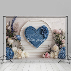 Aperturee - Aperturee Blue Heart on Shiplap Wall Photography Backdrop Floral Decor for Wedding Valentine’s Day Photo Background