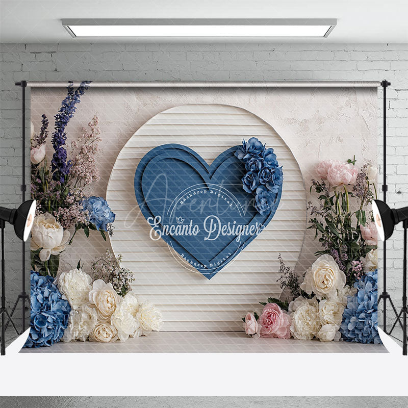Aperturee - Aperturee Blue Heart on Shiplap Wall Photography Backdrop Floral Decor for Wedding Valentine’s Day Photo Background
