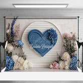 Aperturee - Aperturee Blue Heart on Shiplap Wall Photography Backdrop Floral Decor for Wedding Valentine’s Day Photo Background