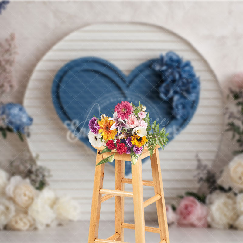 Aperturee - Aperturee Blue Heart on Shiplap Wall Photography Backdrop Floral Decor for Wedding Valentine’s Day Photo Background