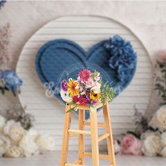 Aperturee - Aperturee Blue Heart on Shiplap Wall Photography Backdrop Floral Decor for Wedding Valentine’s Day Photo Background