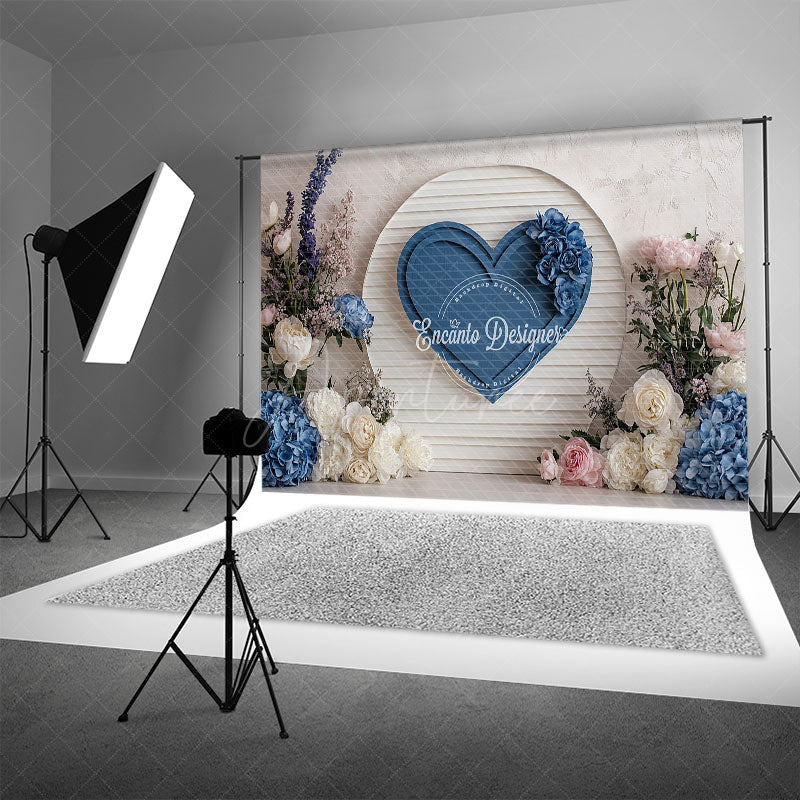 Aperturee - Aperturee Blue Heart on Shiplap Wall Photography Backdrop Floral Decor for Wedding Valentine’s Day Photo Background