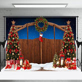 Aperturee - Aperturee Blue Holy Night Wooden Gate Christmas Vibe Backdrop