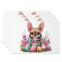 Aperturee - Aperturee Blue Hoodie Chihuahua Set of 4 Placemats Easter Dog with Eggs Spring Holiday Table Mats Decor