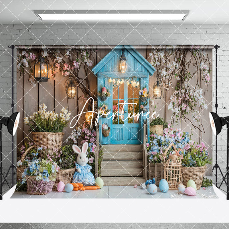 Aperturee - Aperturee Blue House Bunny Egg Floral Easter Room Set Backdrop