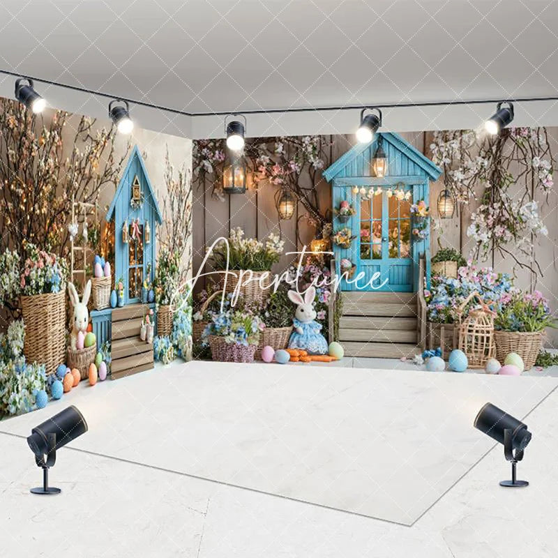Aperturee - Aperturee Blue House Bunny Egg Floral Easter Room Set Backdrop