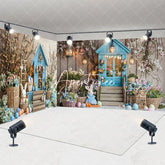 Aperturee - Aperturee Blue House Bunny Egg Floral Easter Room Set Backdrop