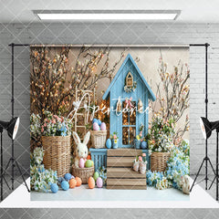 Aperturee - Aperturee Blue House Bunny Egg Floral Easter Room Set Backdrop